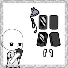 a cartoon character holding a cell phone next to other items that include an electronic device