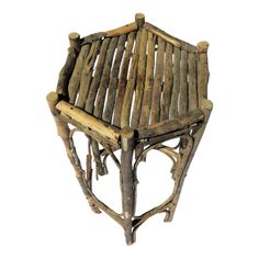 a wooden chair made out of branches on a white background