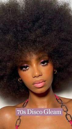 70s Afro Makeup, 70s Glam Makeup Black Women, Afro Disco 70s, Black Woman Disco, Disco Hairstyles Black Women, Disco Afro Woman, 80s Make Up Black Women, 70s Makeup Look Black Women, Black Fashion 70s