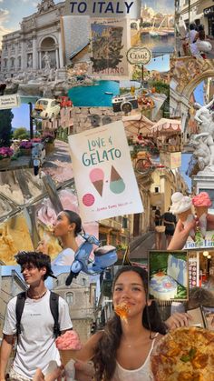 collage of people eating food and posing for the camera in front of an italian cityscape