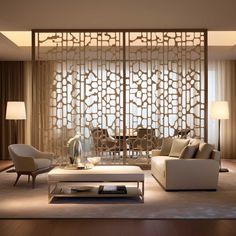 a living room filled with furniture next to a tall window covered in decorative screen panels