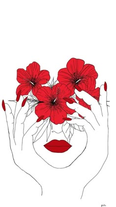 a woman's hands holding red flowers in front of her face, with the background drawn