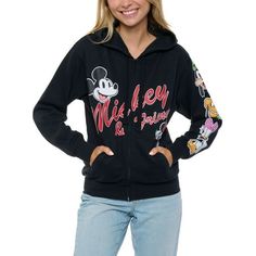 Mickey Mouse has a lot of friends but 6 in particular are his best! Your upcoming Disneyland trip will be a blast! > Womens Mickey Mouse & Friends Black Zip Hoodie Sweatshirt Disney. > Featuring a graphic print of Mickey and Minnie on the front. The left sleeve has a print of Goofy, Pluto, Daisy, and Donald. > Two front pockets, ribbed cuffed bottom hem and long sleeves. > Black sweater with Black drawstrings > 60% Cotton, 40% Polyester. Soft and lightweight fleece fabric. Size: XL.  Gender: fem Disney Hoodie, Black Zip Hoodie, Friends Black, Disney Hoodies, Disneyland Trip, Oversized Pullover, Black Zip Ups, Black Sweater, Fall Shirts