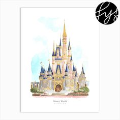 the disney castle is shown in watercolor and has an image of it's entrance