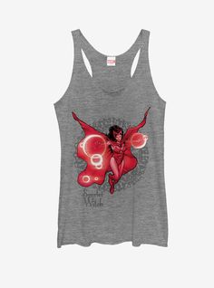 The Marvel Scarlet Witch Hex Heather Gray Racerback Tank Top has put a spell on you! The Scarlet Witch is portrayed with her cape billowing behind her and an ornate design and ""Scarlet Witch"" beside her on this cool Scarlet Witch gray tank top. 50% Polyester  25% Cotton  25% Rayon. Marvel Scarlet Witch, Marvel Fashion, Hex Girls, Doctor Strange Marvel, Gray Tank Top, The Scarlet Witch, Black Widow Marvel, Ornate Design, Marvel Women