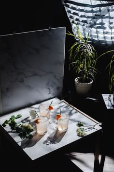 two drinks are sitting on a tray next to some plants