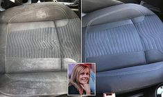 the interior of a car is shown with two pictures of the front seats and one has a woman's face on it