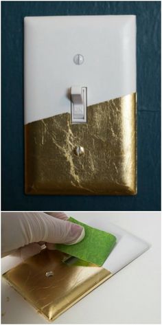 gold foil is being applied to the white light switch cover with a green cloth on it