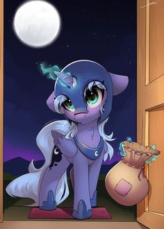 an image of a pony that is looking out the door at the moon and stars