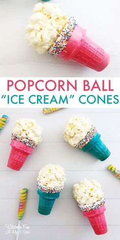 popcorn ball ice cream cones with sprinkles on them