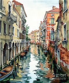 watercolor painting of a canal in venice, italy