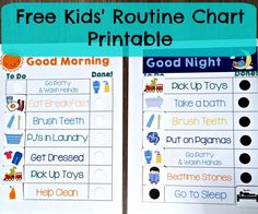 two children's routine chart printables with the words good morning and good night