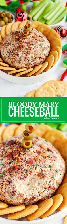 an appetizer is served with crackers and olives to serve as a holiday appetizer