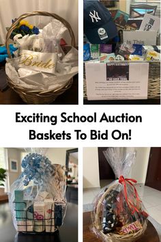 the basket is full of items for auction and it's labeled exciting school auction baskets to bid on