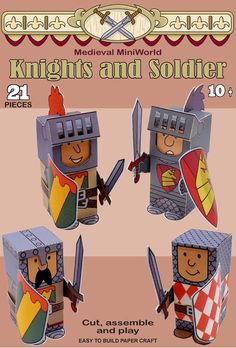 4 knight figures to cut out and assemble from the series medieval MiniWorld.Perfect to enhance homeschooling studies of medieval history, these mini-figures are about 5 cm high and come with many removable accessories. You can also print them in a larger size for a school display.Easy to build paper crafts, recommended for age 10, but once built, children younger can play with these figures.Assembly instructions included.This Medieval MiniWorld set is compatible with other MiniWorld sets (The Ca School Display, Medieval Crafts, Medieval Knights, Paper Puppets, School Displays, Medieval Knight, Medieval History, Age 10, Children's Ministry