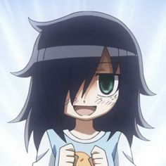 an anime character with long black hair and green eyes holding a cookie in her hands