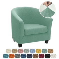 a green chair with different colors and patterns on the back, in front of a white background