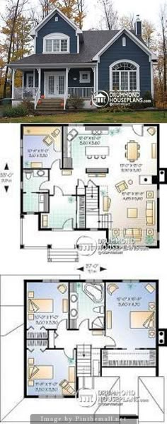 two story house plans with an open floor plan for the first and second floors,