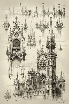 an artistic drawing of many architectural structures