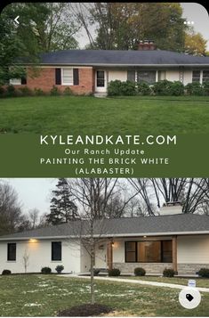 before and after photos of a ranch house with white paint on the front, and in the back