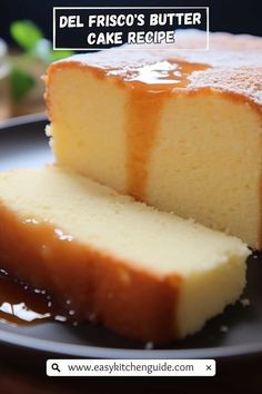 two slices of cake on a plate with caramel sauce and the words del frisco's butter cake recipe