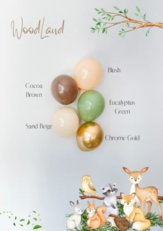 an arrangement of woodland animals and balloons on a white background with the words woodland land above it