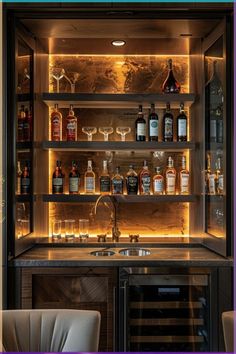 an illuminated liquor cabinet with bottles and glasses