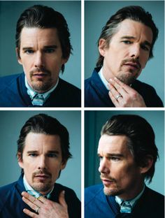 four different shots of a man wearing a suit and tie with his hands on his chin