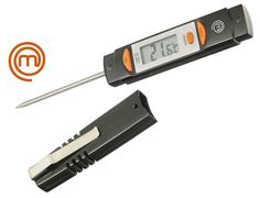 a digital thermometer with an orange and white clock on it's side