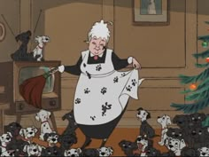 an old woman is standing in front of a bunch of dogs