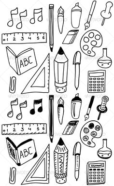 a black and white drawing of school supplies - miscellaneous objects / arts & crafts printables