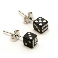 two black and white dice earrings with silver dots on them, sitting next to each other