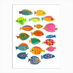 an art print with many colorful fish on the front and back of it, all in different colors