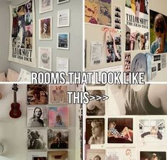 there are many pictures on the wall and one has a guitar in front of it