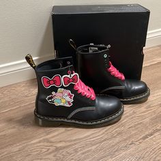 Super Cute Leather Boot Rare Excellent Condition, Only Worn Once Inside With Original Shoe Box Cute High-top Leather Boots, Cute Black High-top Boots, Cute Black Lace-up Boots, Hello Kitty Boots, Shoes Dr Martens, Dr Martens Black, Shoes Pink, Dr Martens Shoes, Leather Boot