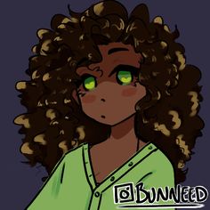 a drawing of a woman with green eyes and curly hair, looking to the side