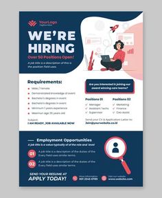 the flyer for we're hiring is shown in blue and red colors, with an image of a woman working on a laptop