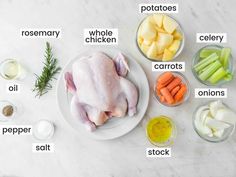 the ingredients needed to make a chicken dish on a plate