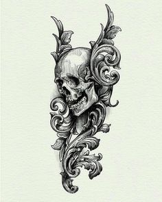 a drawing of a skull with an ornate design on it