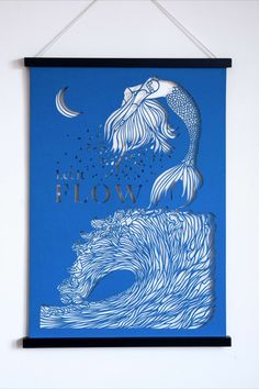 a blue poster with a mermaid sitting on top of a wave and the words blow up above it