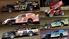 six dirt racing cars with numbers on the side and number 39 in each car, all painted different colors