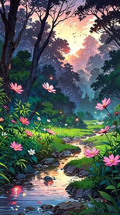 a painting of flowers and trees near a stream in the forest at sunset or dawn