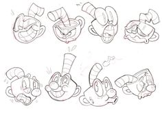 some cartoon characters with different expressions on their face and head, one in the process of drawing