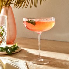 a glass filled with pink liquid sitting on top of a table next to a potted plant