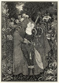 an image of a man and woman standing in the woods with flowers on their head