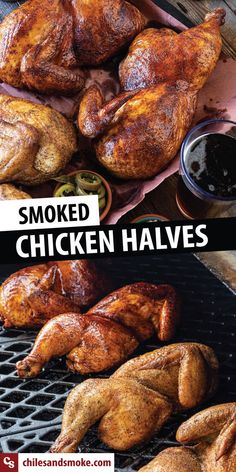 chicken halves are being cooked on the grill