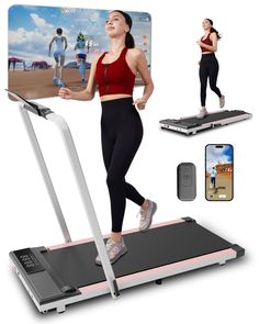 a woman is running on a treadmill with an image of her phone and other accessories