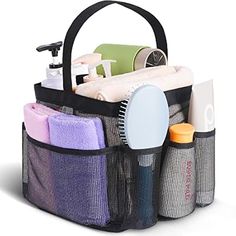 an open mesh bag with various items in it