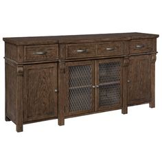 the sideboard is made from wood and has metal doors