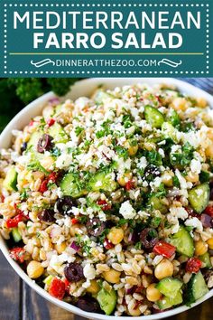 mediterranean farro salad with cucumbers, olives and feta cheese in a white bowl